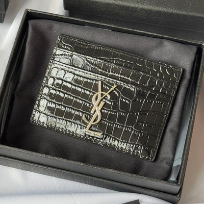 YSL Card Holder 10cm Wallet Black Silver Crocodile Leather 240554