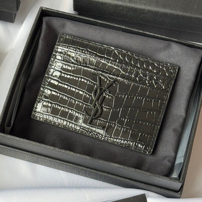 YSL Card Holder 10cm Wallet Full Black Crocodile Leather 240552
