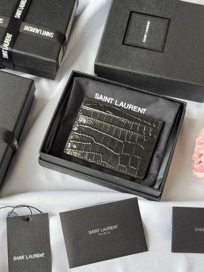 YSL Card Holder 10cm Wallet Black Gold Crocodile Leather 240550