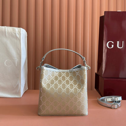 GG Emblem Small Bucket Bag Beige Sliver GG Fabric
