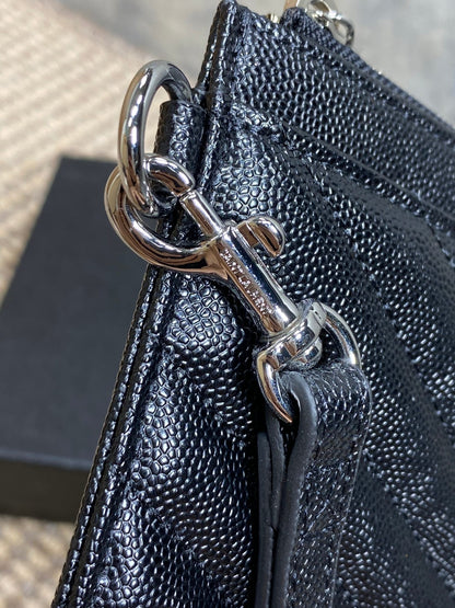 YSL Hardware Logo Zipper Clutch 23cm Black Caviar Cowhide