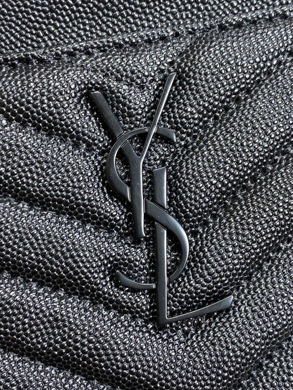 YSL Black Hardware Logo Zipper Clutch 23cm Black Caviar Cowhide