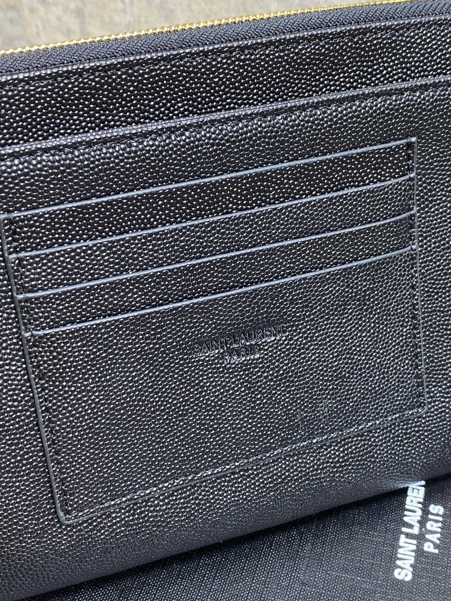 YSL Gold Hardware Logo Zipper Clutch 23cm Black Caviar Cowhide