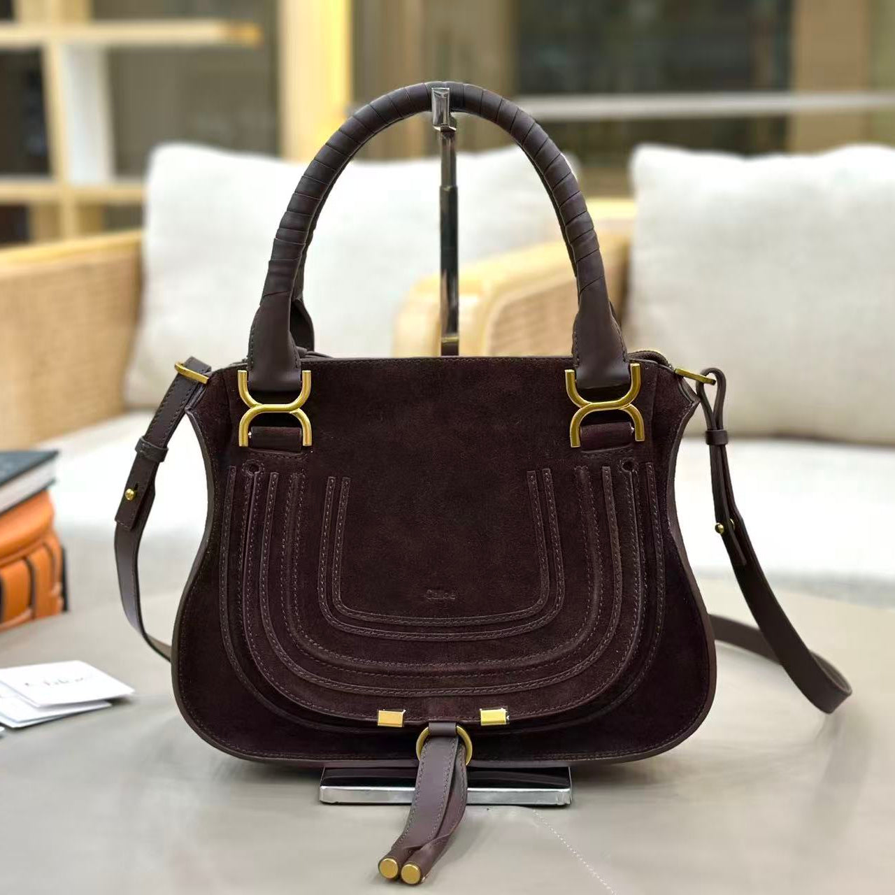 Marcie Bag In Grained Leather  Dark Brown Suede
