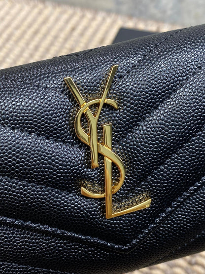 YSL GHW Logo Monogram Card Flap Wallet 13.5cm Black Caviar Cowhide