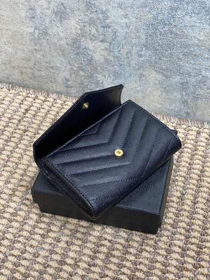 YSL GHW Logo Monogram Card Flap Wallet 13.5cm Black Caviar Cowhide