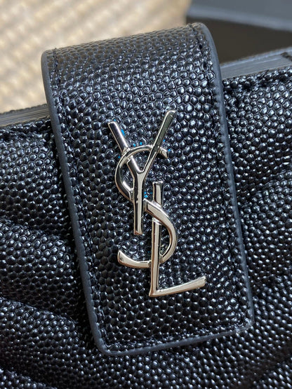 YSL Accordion Card Wallet Black 11cm Caviar Cowhide Sliver HW