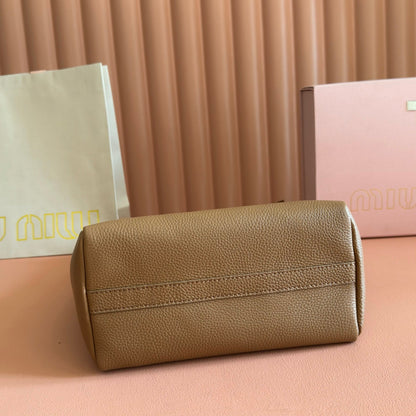Miu Leather Bucket Bag 23cm Brown Grain Cowhide