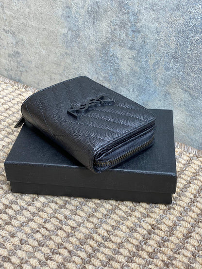 YSL Cassandre Matelassé Compact Zip-Around Wallet Full Black Caviar Cowhide