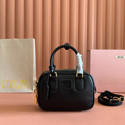 Miu Arcadie Small 19cm Bowling Handbag Black Cowhide 280989