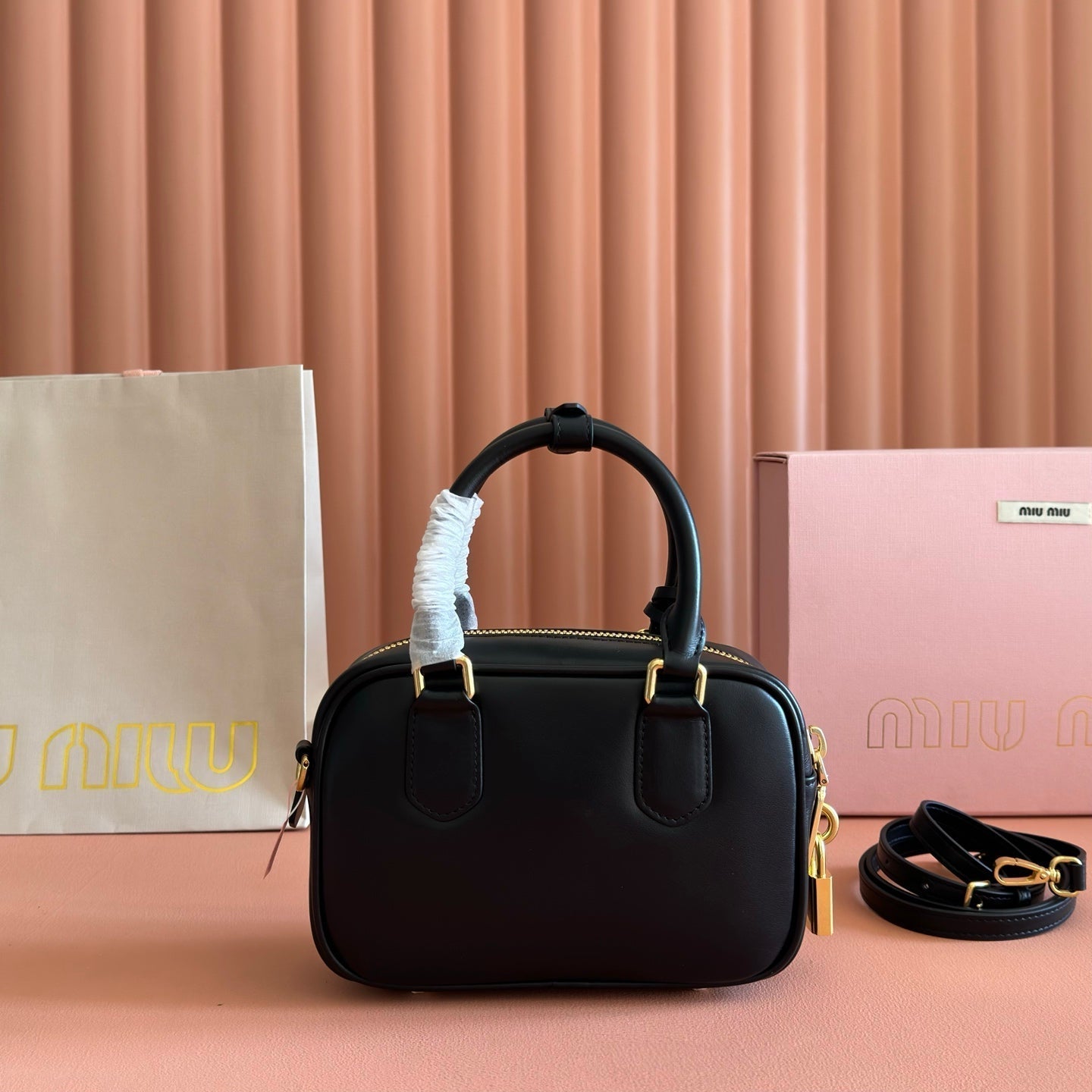 Miu Arcadie Small 19cm Bowling Handbag Black Cowhide 280989