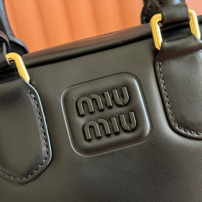Miu Arcadie Small 19cm Bowling Handbag Black Cowhide 280989