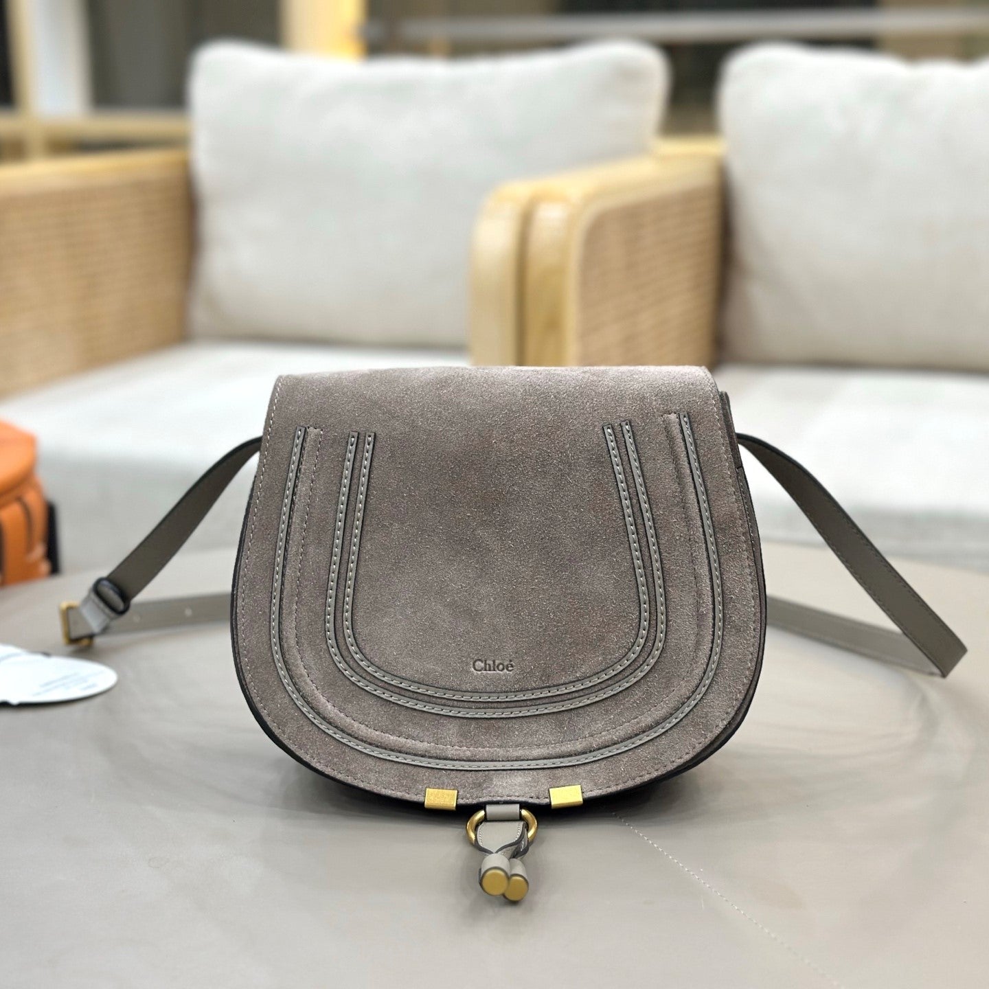 Chloe Marcie Saddle Bag Grey Suede 281226