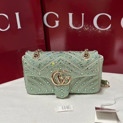 GG Marmont Crystals Small Shoulder Bag Green Leather