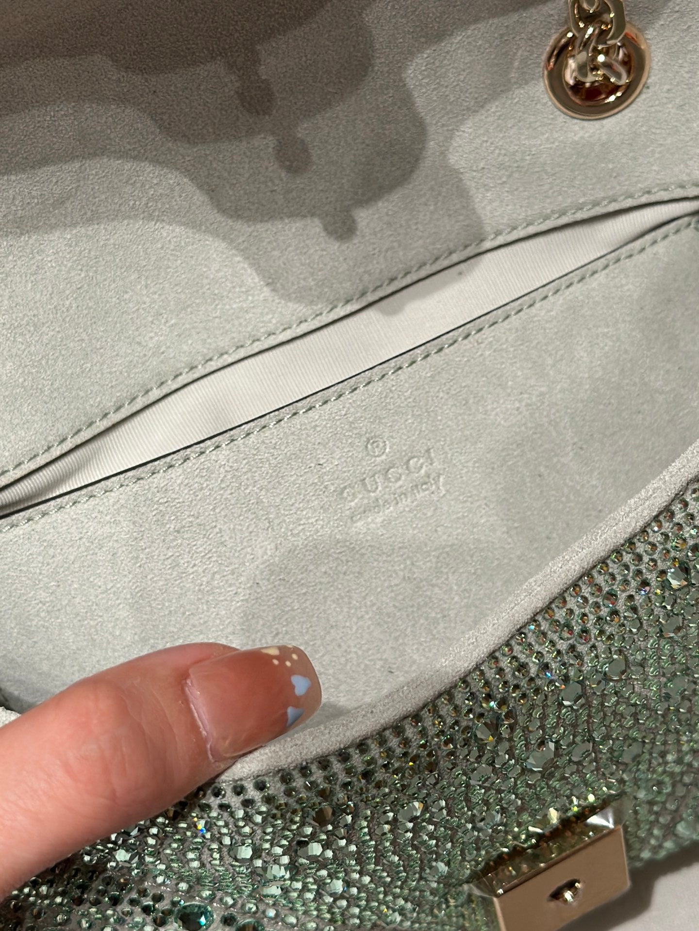 GG Marmont Crystals Small Shoulder Bag Green Leather
