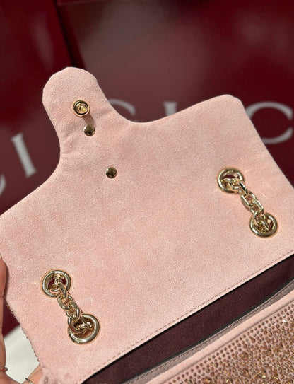 GG Marmont Crystals Small Shoulder Bag Pink Leather