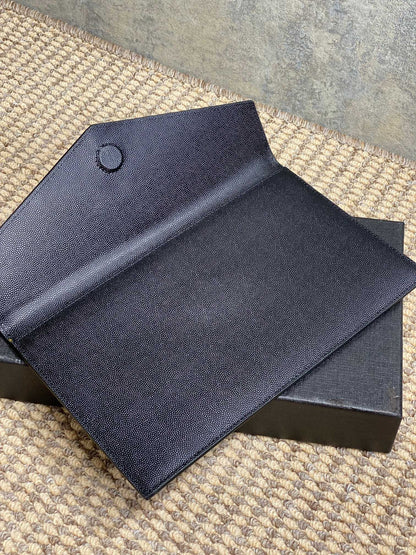 YSL 22s Uptown Pouch Clutch Bag Black Cowhide Sliver HW
