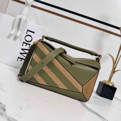Small Puzzle Bag Olive Green Calfskin Brown Suede