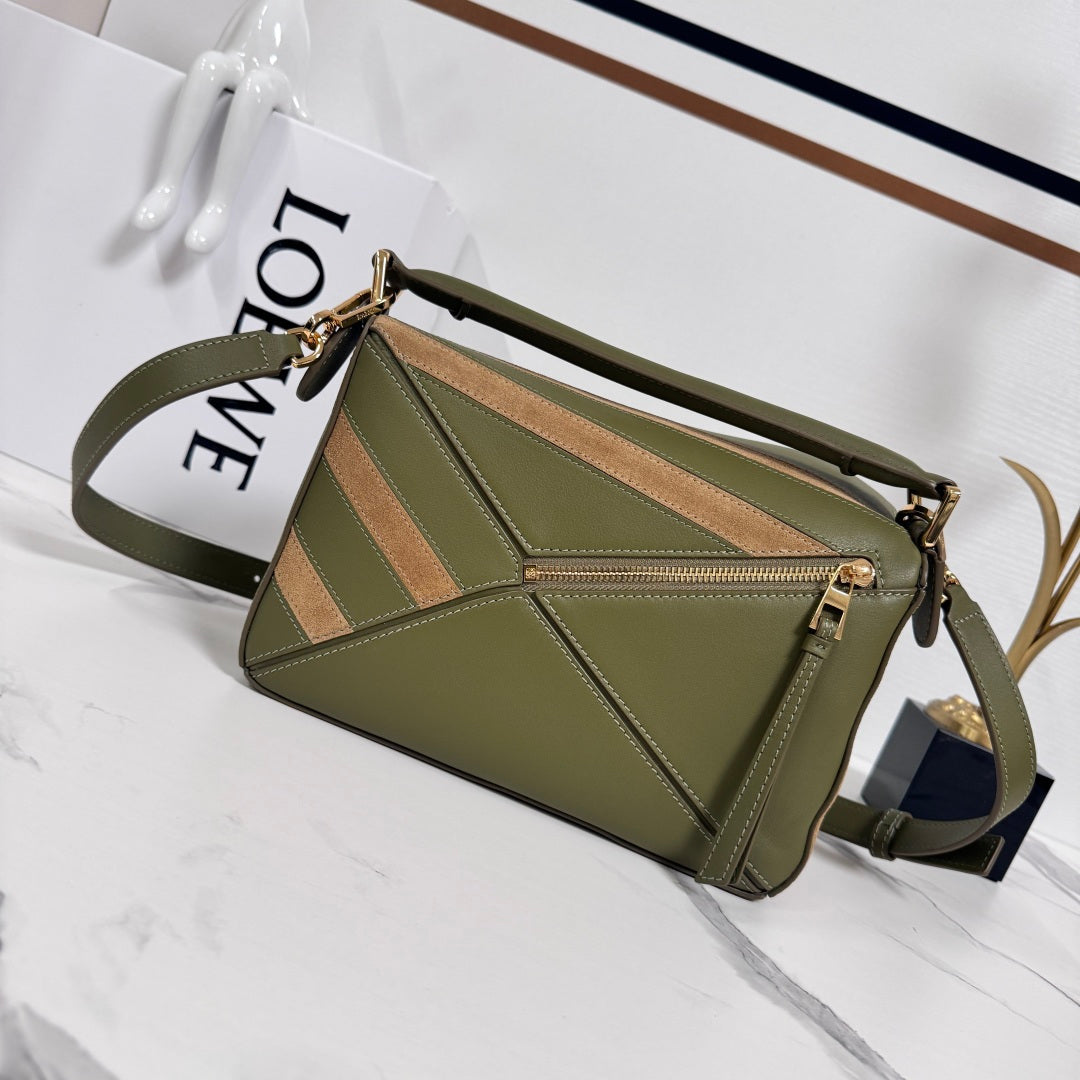 Small Puzzle Bag Olive Green Calfskin Brown Suede