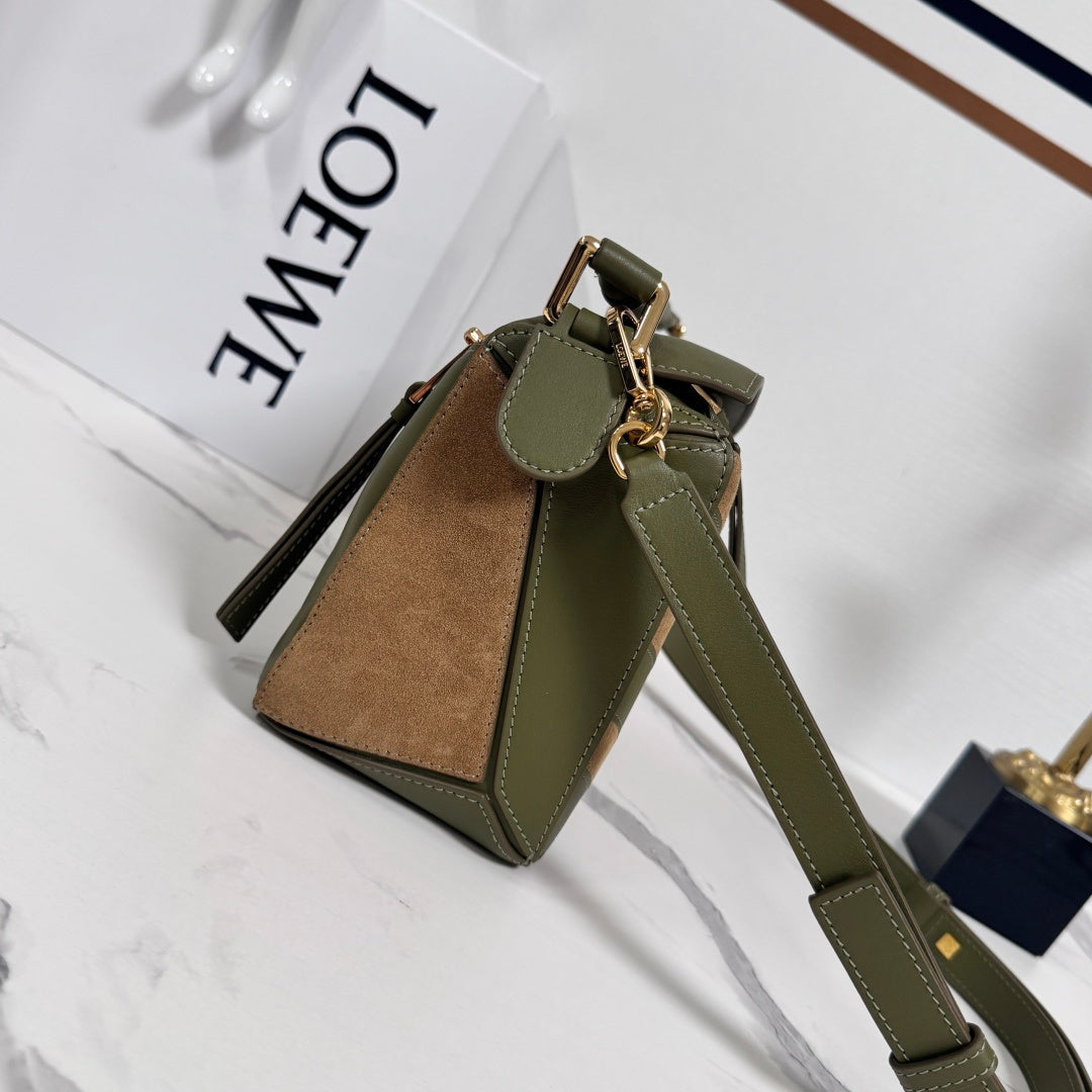 Small Puzzle Bag Olive Green Calfskin Brown Suede