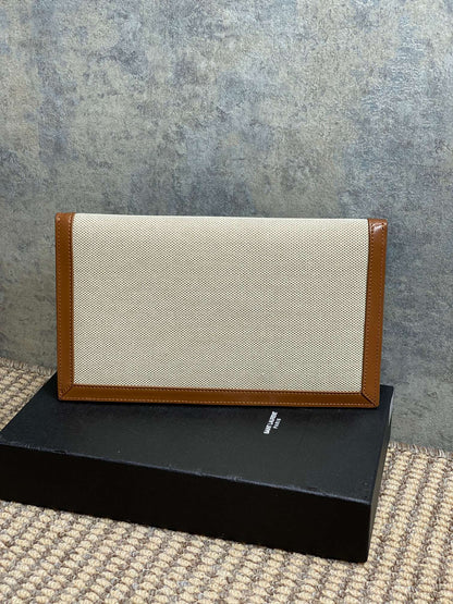 YSL 22s Uptown Pouch Clutch Bag Beige Brown Canvas GHW