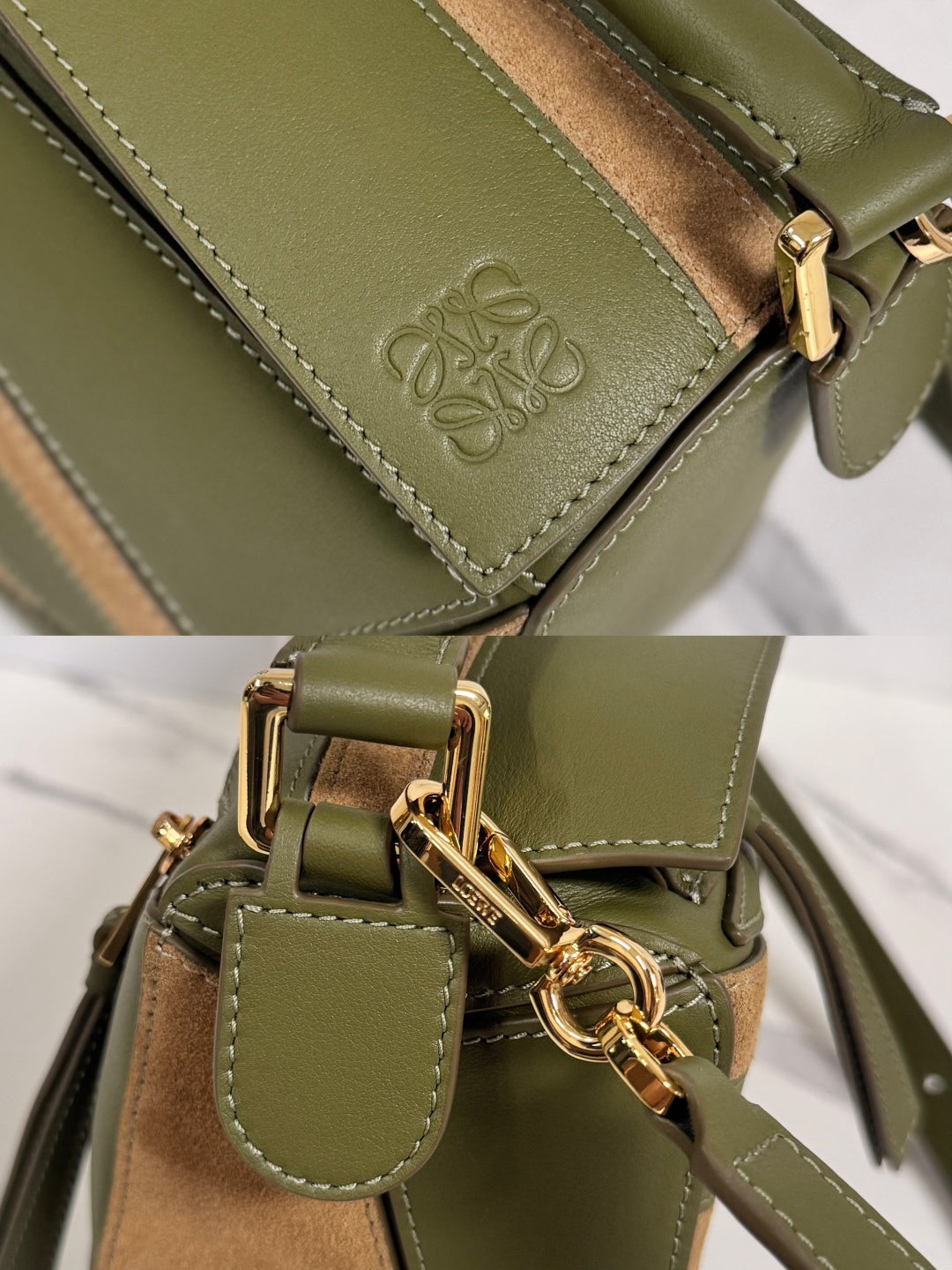 Small Puzzle Bag Olive Green Calfskin Brown Suede