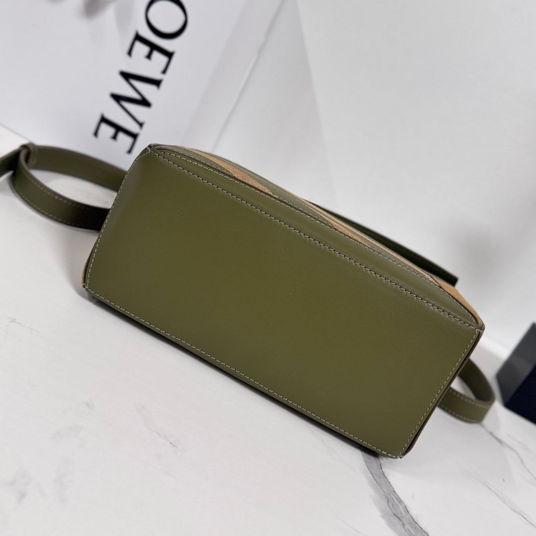 Small Puzzle Bag Olive Green Calfskin Brown Suede