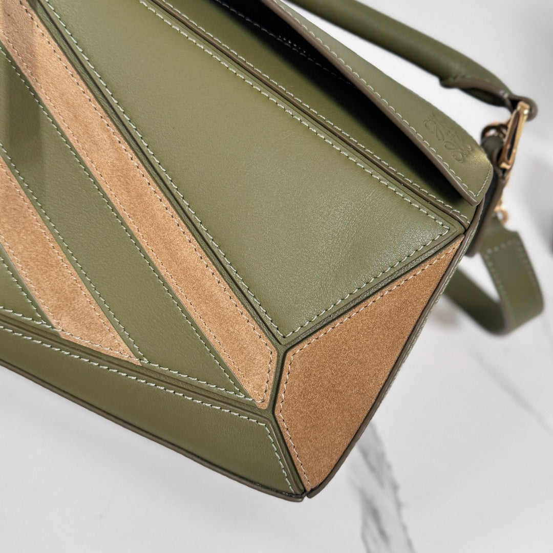 Small Puzzle Bag Olive Green Calfskin Brown Suede