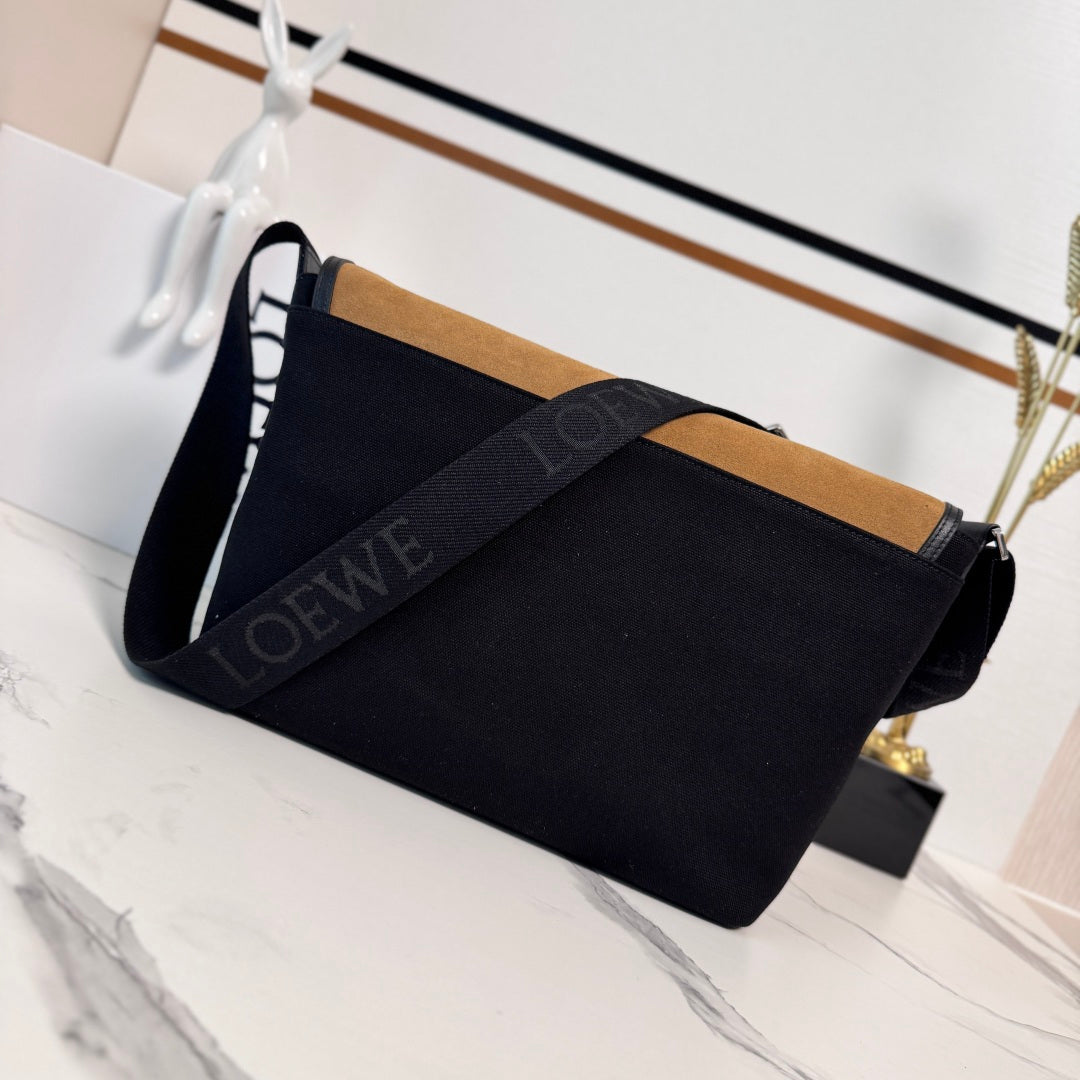 Medium Flex Messenger Black Canvas Brown Suede