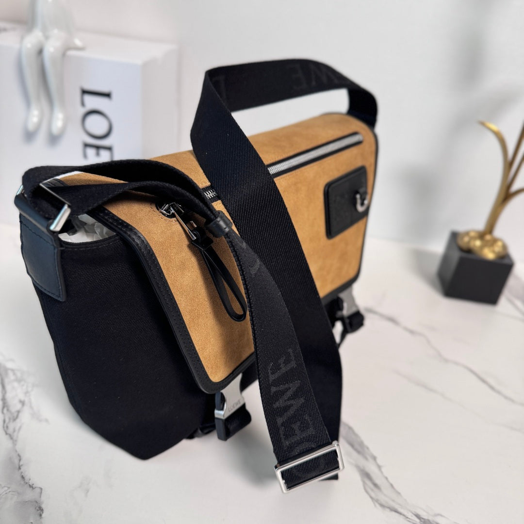 Medium Flex Messenger Black Canvas Brown Suede