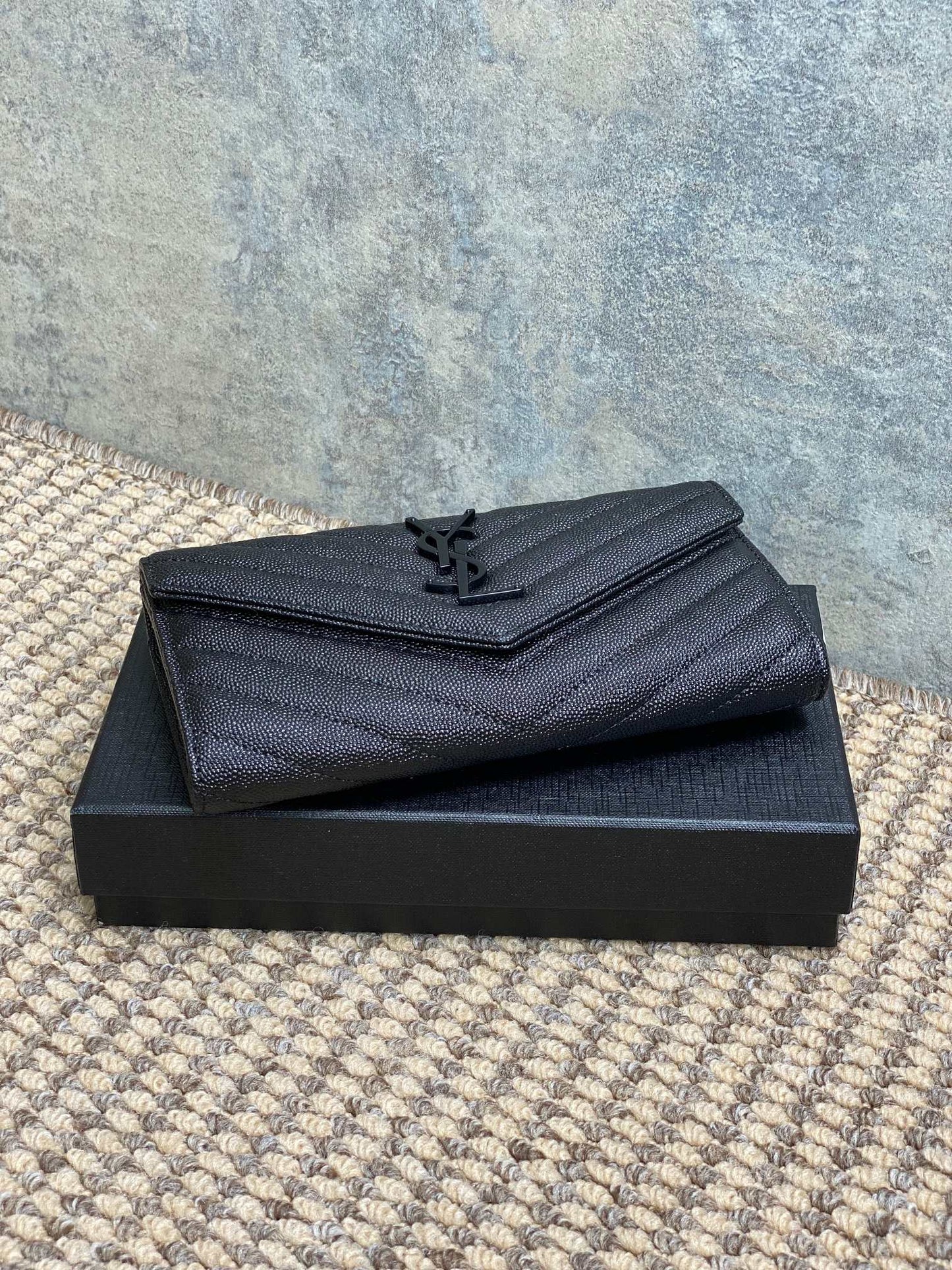 YSL Cassandre Envelope Flap Wallet Full Black Caviar Cowhide