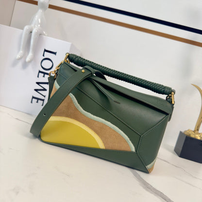 Small Puzzle Edge Landscape Bag Olive Green Yellow Nappa Calfskin