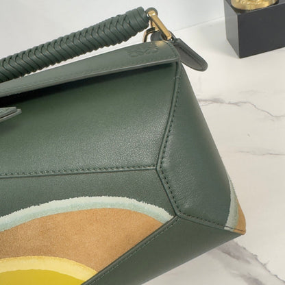 Small Puzzle Edge Landscape Bag Olive Green Yellow Nappa Calfskin