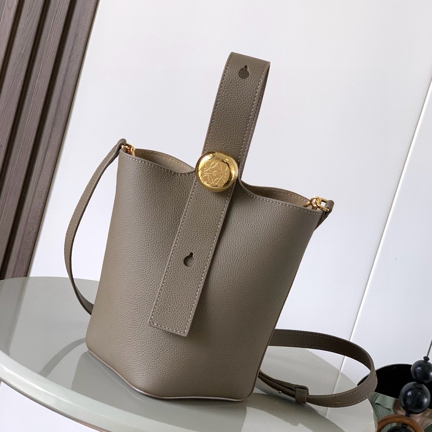 Loewe Mini Pebble Bucket Bag Taupe Grained Calfskin