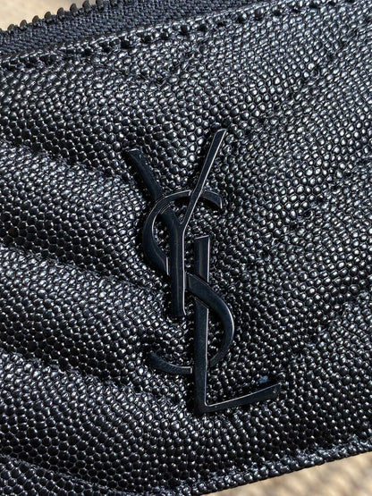 YSL Zip Coin Case With Card Full Black Caviar Cowhide GHW