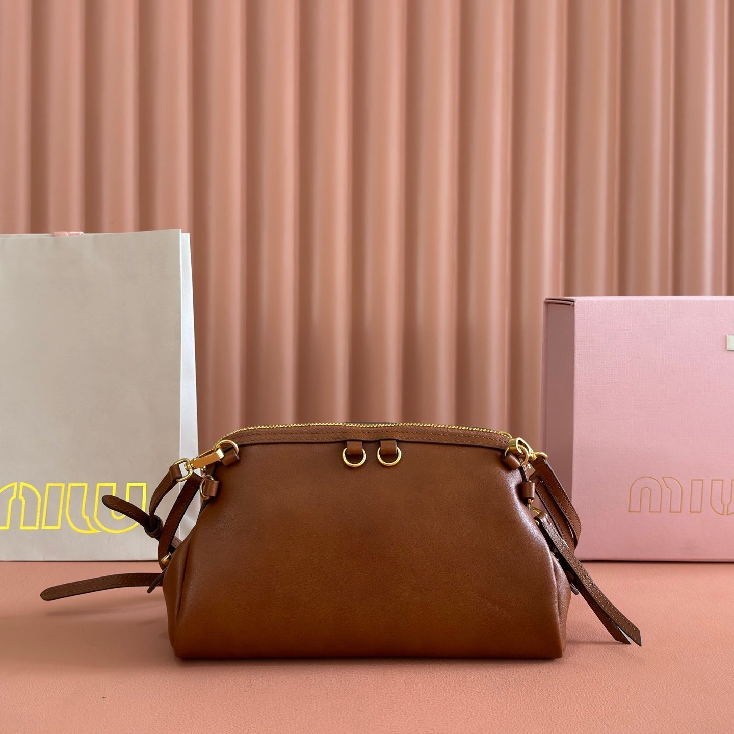 Miu Caprice Clutch Camel Leather 280752
