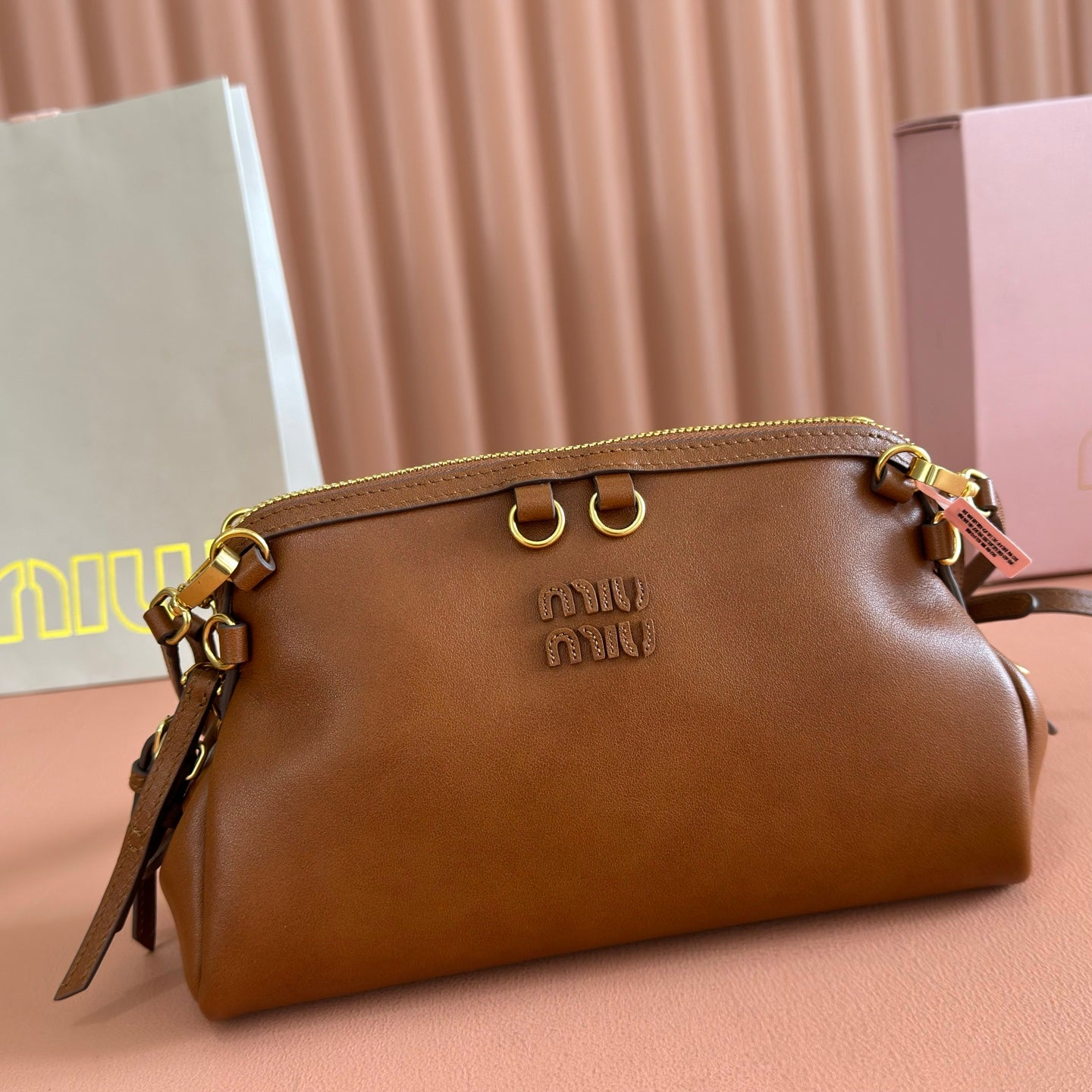 Miu Caprice Clutch Camel Leather 280752