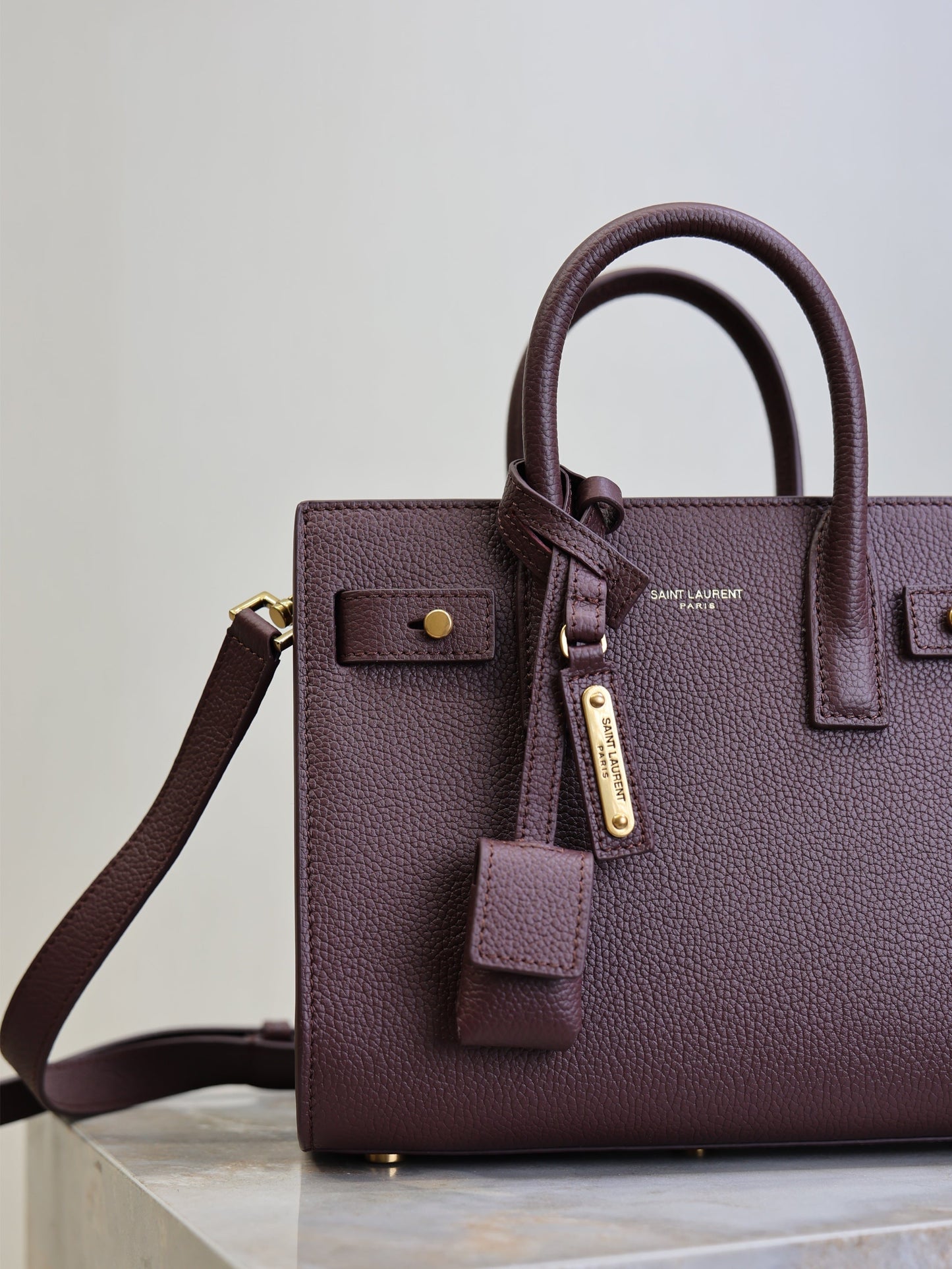 YSL Sac De Jour Nano 22cm Dark Burgundy Grain Cowhide GHW