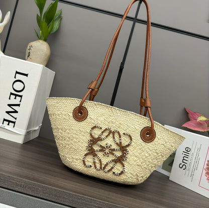 Loewe Small Anagram Basket Bag Brown Light Beige Iraca Palm And Calfskin