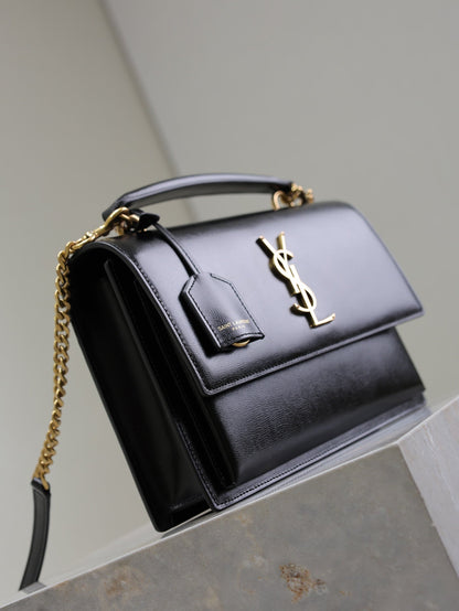 YSL Sunset Handbags 25cm Black Cowhide