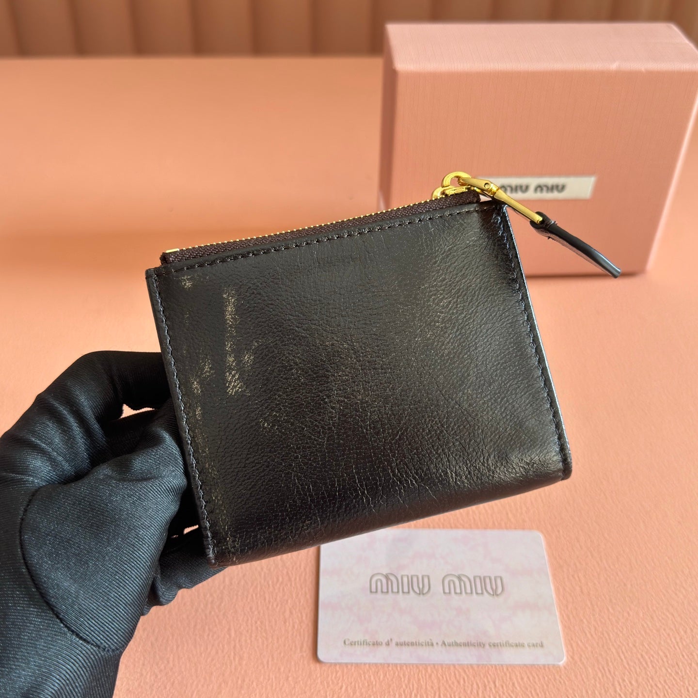 Miu 5MV017 Small Wallet Black Shiny Cowhide 280825