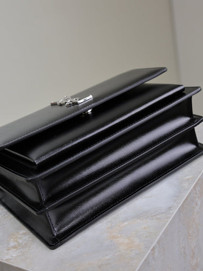 YSL Medium Sunset Shoulder Bag 22cm Black Cowhide Sliver HW