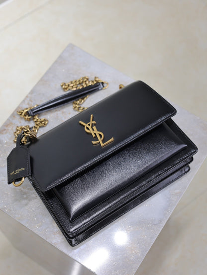 YSL Medium Sunset Shoulder Bag 22cm Black Cowhide GHW