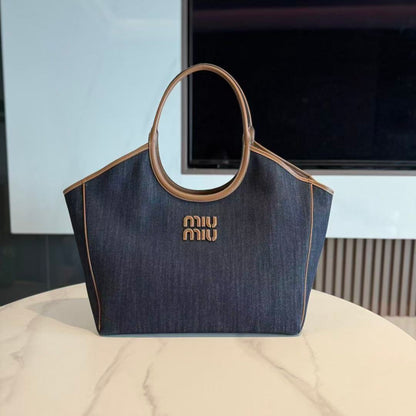 Miu 2026 Ivy Leather Tote Bag Blue Denim Leather