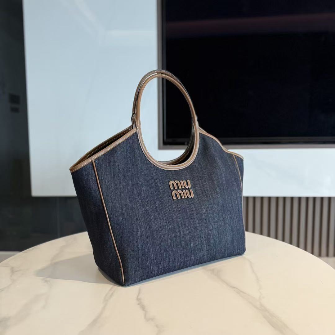 Miu 2026 Ivy Leather Tote Bag Blue Denim Leather