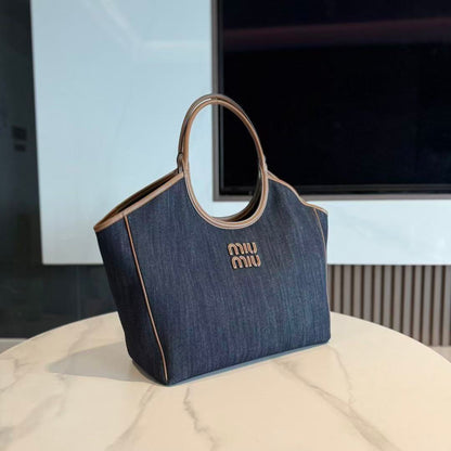 Miu 2026 Ivy Leather Tote Bag Blue Denim Leather