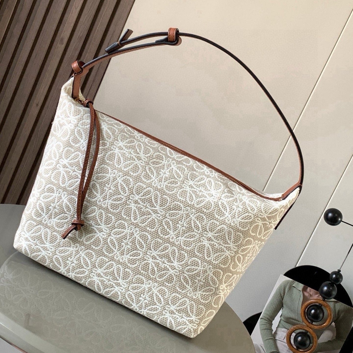 Loewe Cubi Anagram Bag 35cm Brown White Jacquard Cotton Calfskin