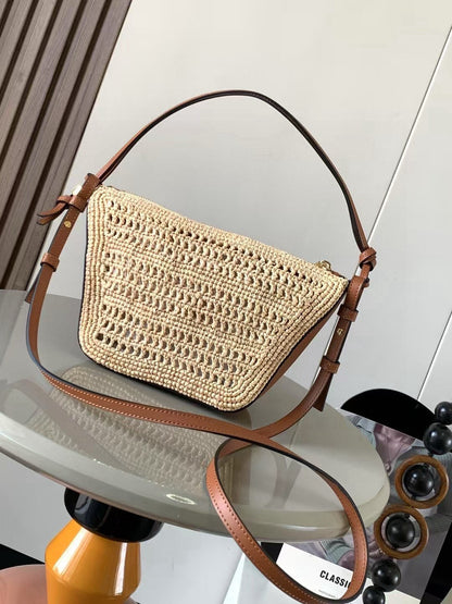 Loewe Ibiza Mini Hammock Hobo Bag Brown Beige Raffia Leather 289314