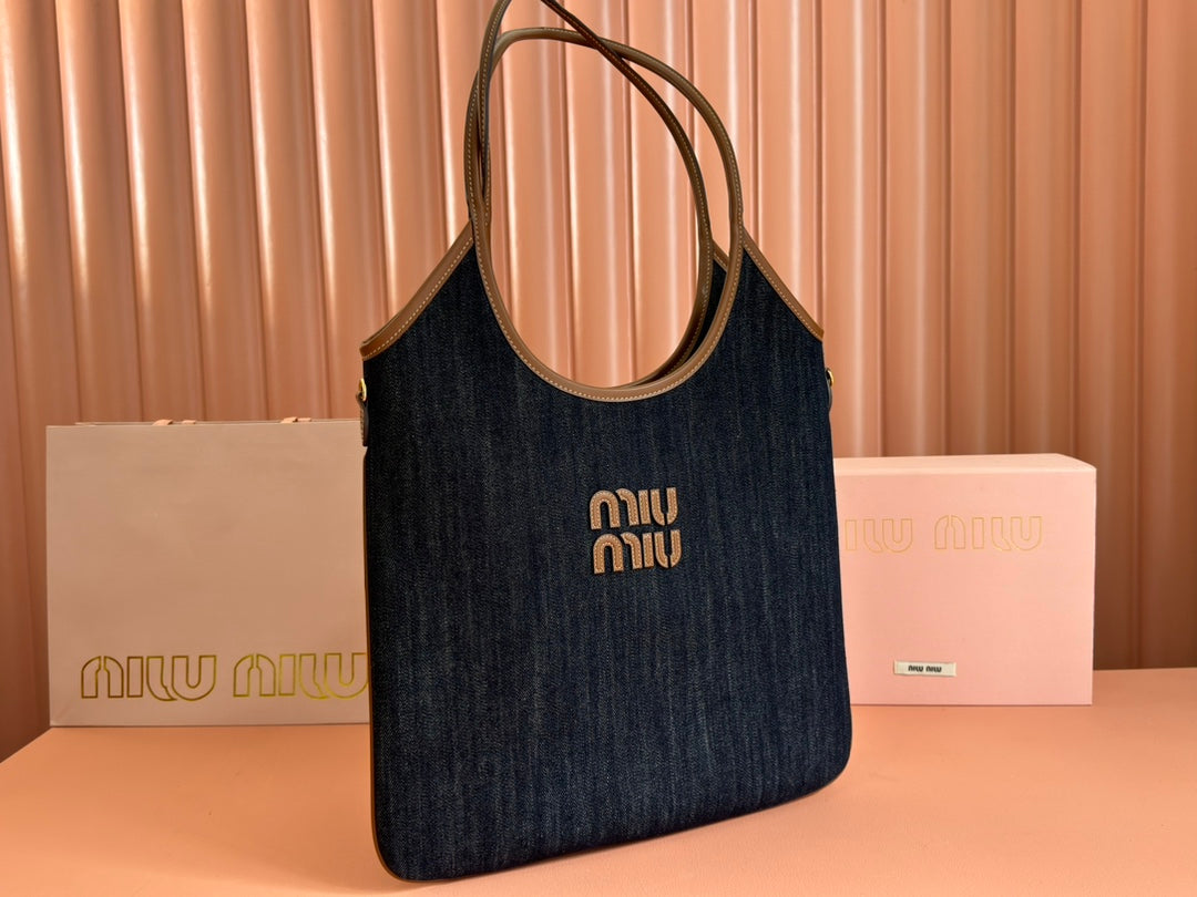 Miu Ivy Tote Bag 35cm Blue Denim Leather 230775