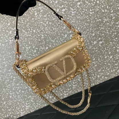 Valentino Loco Embroidered Handbag Gold Leather